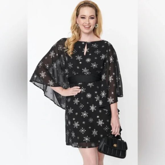NWT M 6/8 Smak Parlour Black & Silver Snowflake “Social Climber” Caftan Dress - Picture 2 of 12